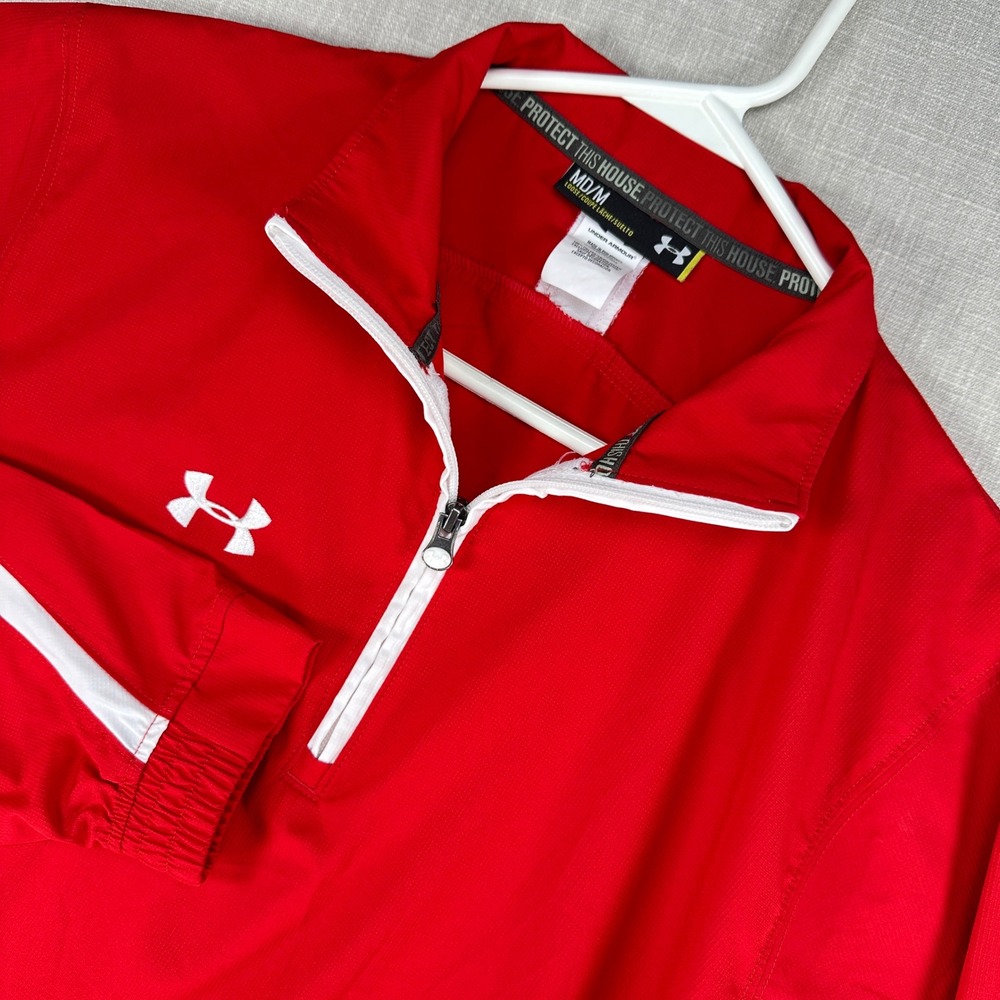 Under Armour Windbreaker Mens Medium Red White 1/4 Zip Pullover Jacket Loose Fit